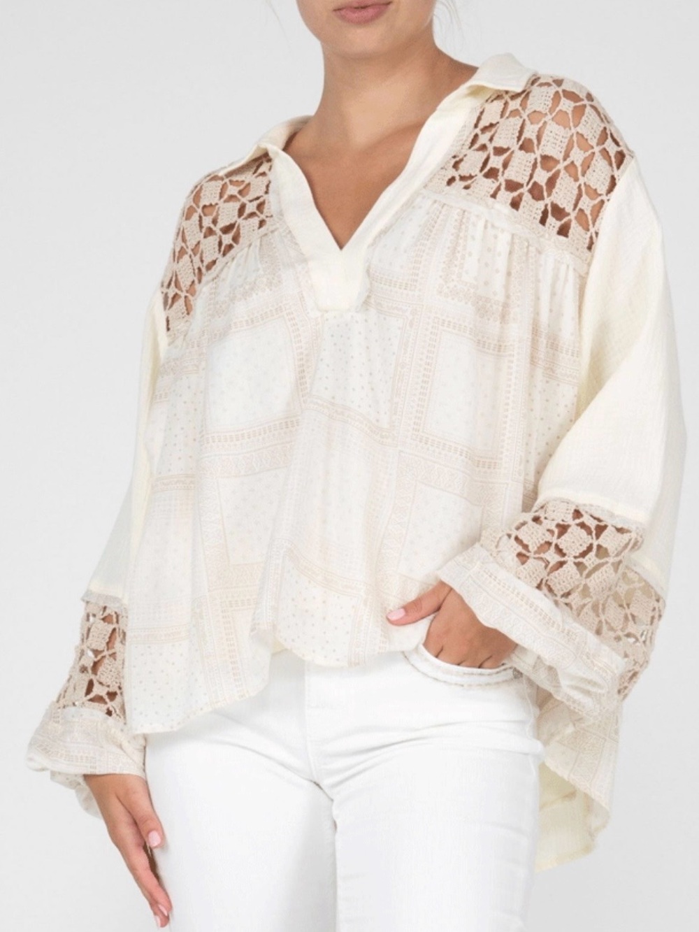 Miss Me Boho Western Crochet Mixed Media Bandana Patchwork Print Blouse Small